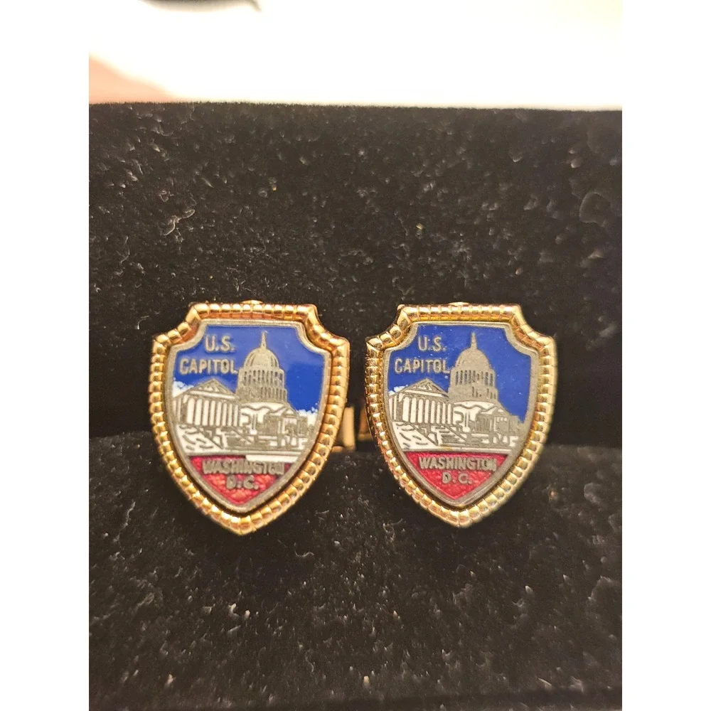 Vintage US Capitol Washington DC Shield Enamel Cufflinks and Tie Clip Set Gold
